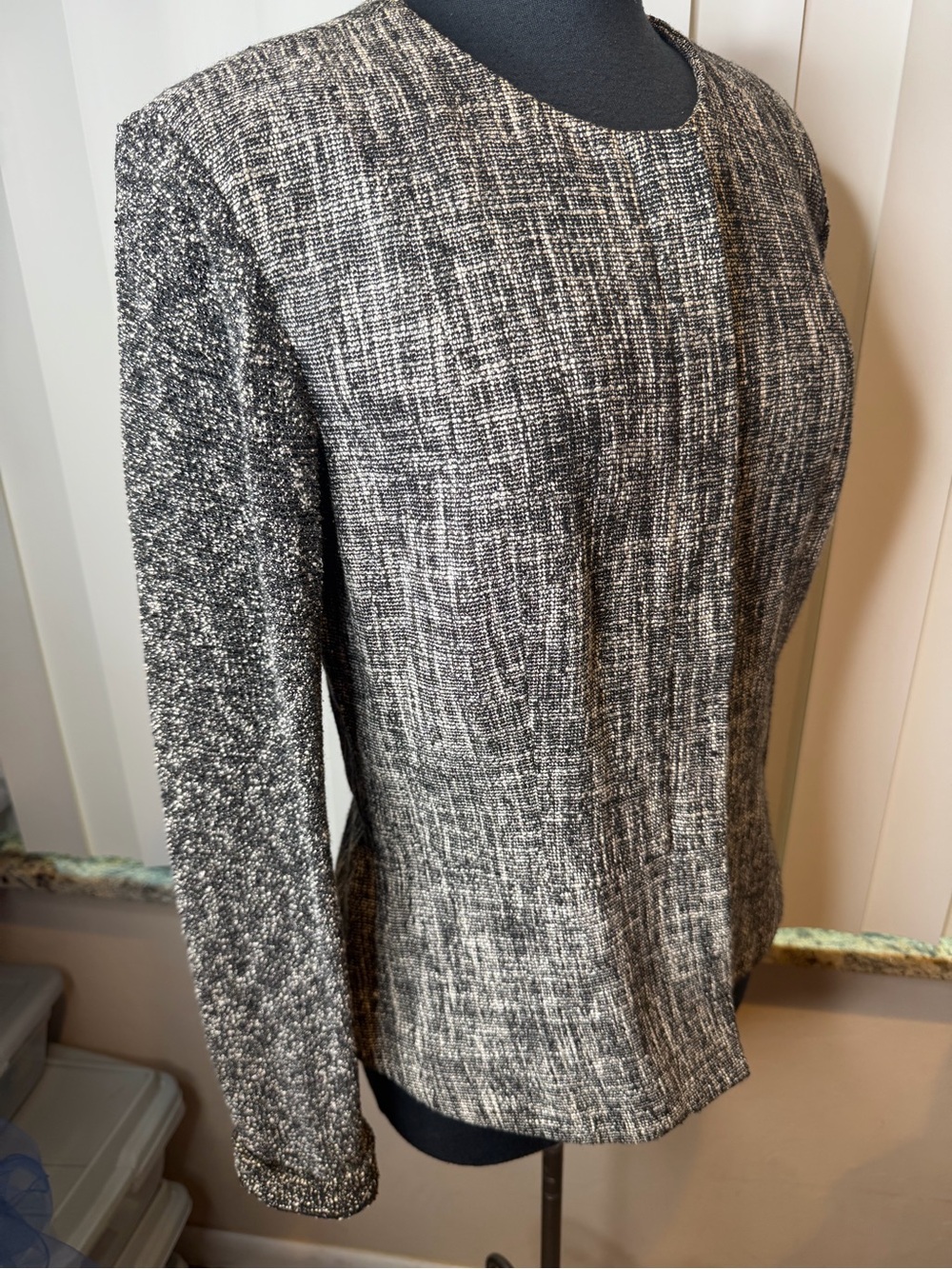 Theory Black & Gray Tweed Textured Zip Front Long Sleeve Blazer Size 12